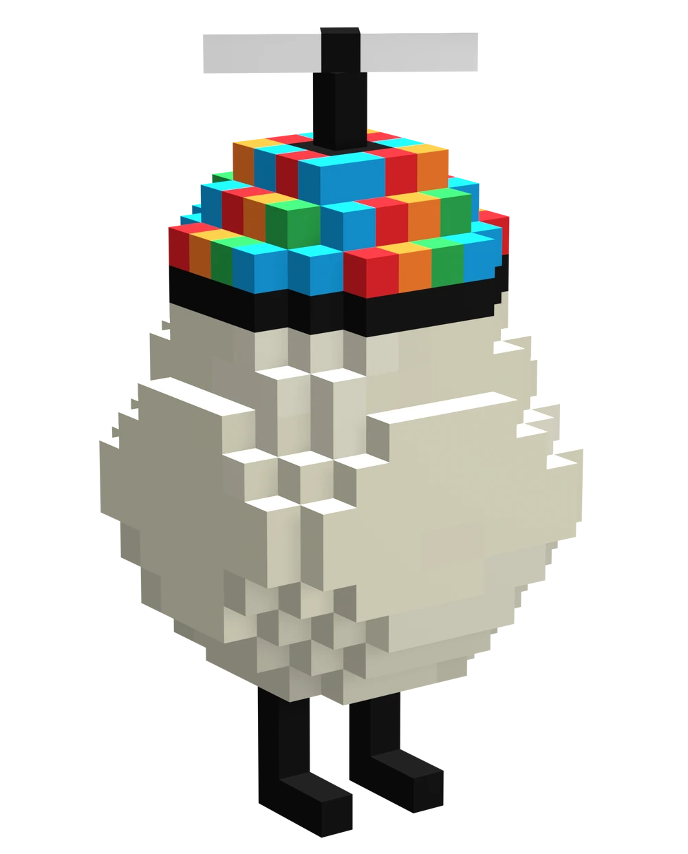 Trump's original look. This is a custom Minecraft model of the plain white circular egg, but Trump wears a propeller hat, fitting perfectly on the point of the egg. The hat is diagonally striped with bright blue, red, orange, and green. Unfortunately, the propeller did not rotate in the early days of the server. Two thin black legs support the egg.